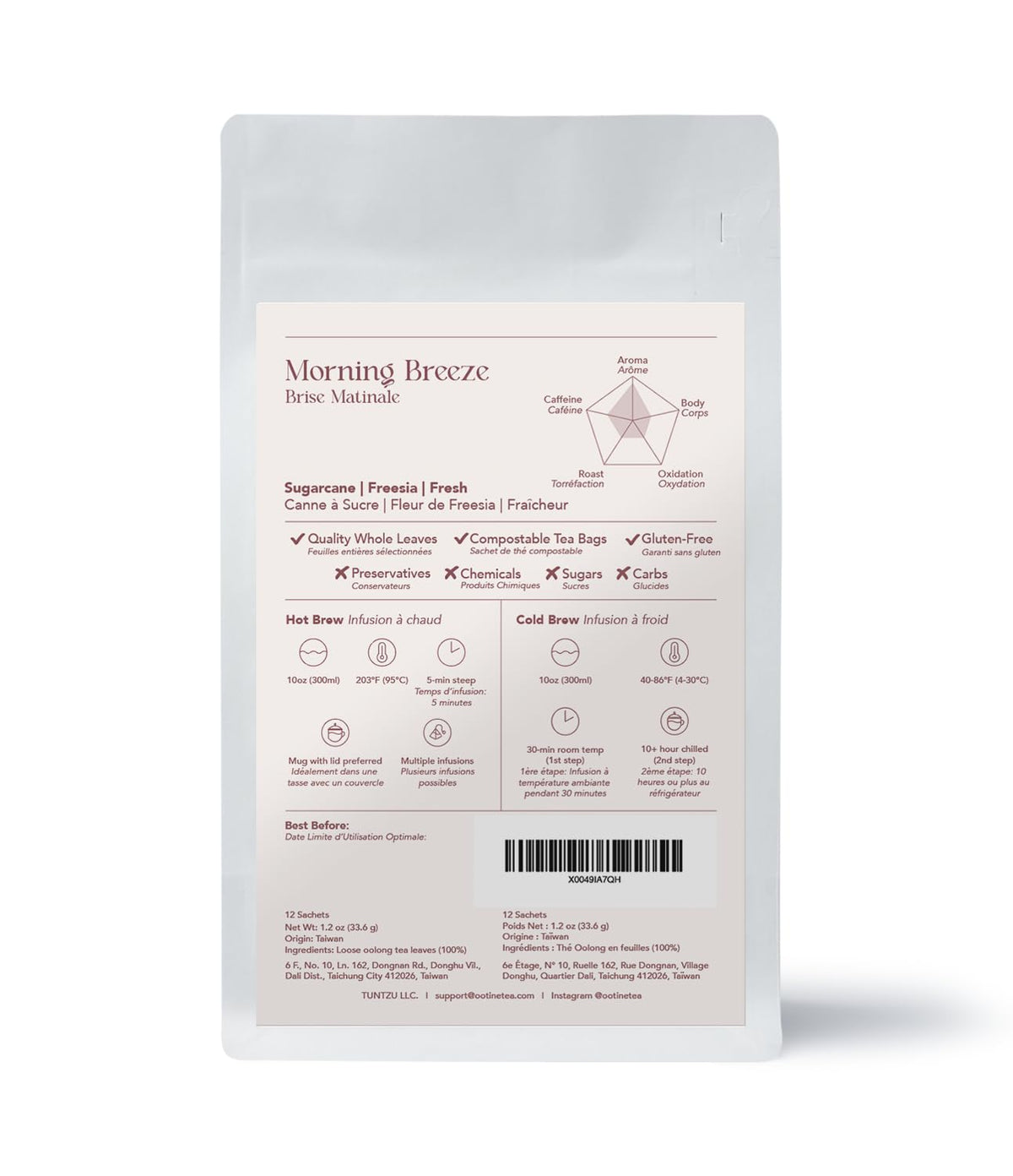 OOTINE | Morning Breeze Taiwan Oolong Tea (12 Sachets) | Lightly Oxidized for a Fresh, Green-Tea-Like Taste | Sugarcane & Freesia Notes | Hand-Picked Whole Leaves, Plastic-Free Sachets | Supports Gut Health & Multiple Infusions, Travel-Ready