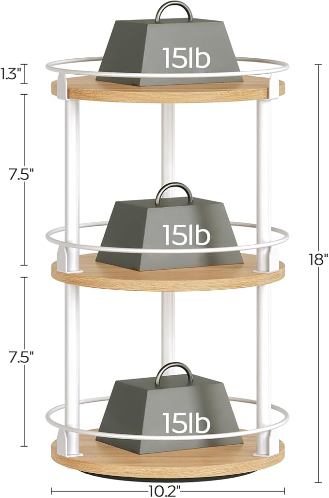 3-Tier Lazy Susan Organizer, Rotating Spice Rack, Spinning Organizer, Industrial Turntable Spice Rack Organizer for Cabinet, Kitchen Countertop, Pantry, White and Natural SR23WN