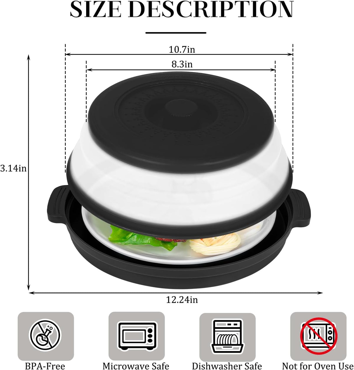10.7 Inch Microwave Food Cover with Heat Insulation Mat, Anti-Scald Collapsible Microwave Splatter Cover, Multi-Functional as Colander & Fruit Plate, Dishwasher Safe, Ideal for Meal Prep (Black)