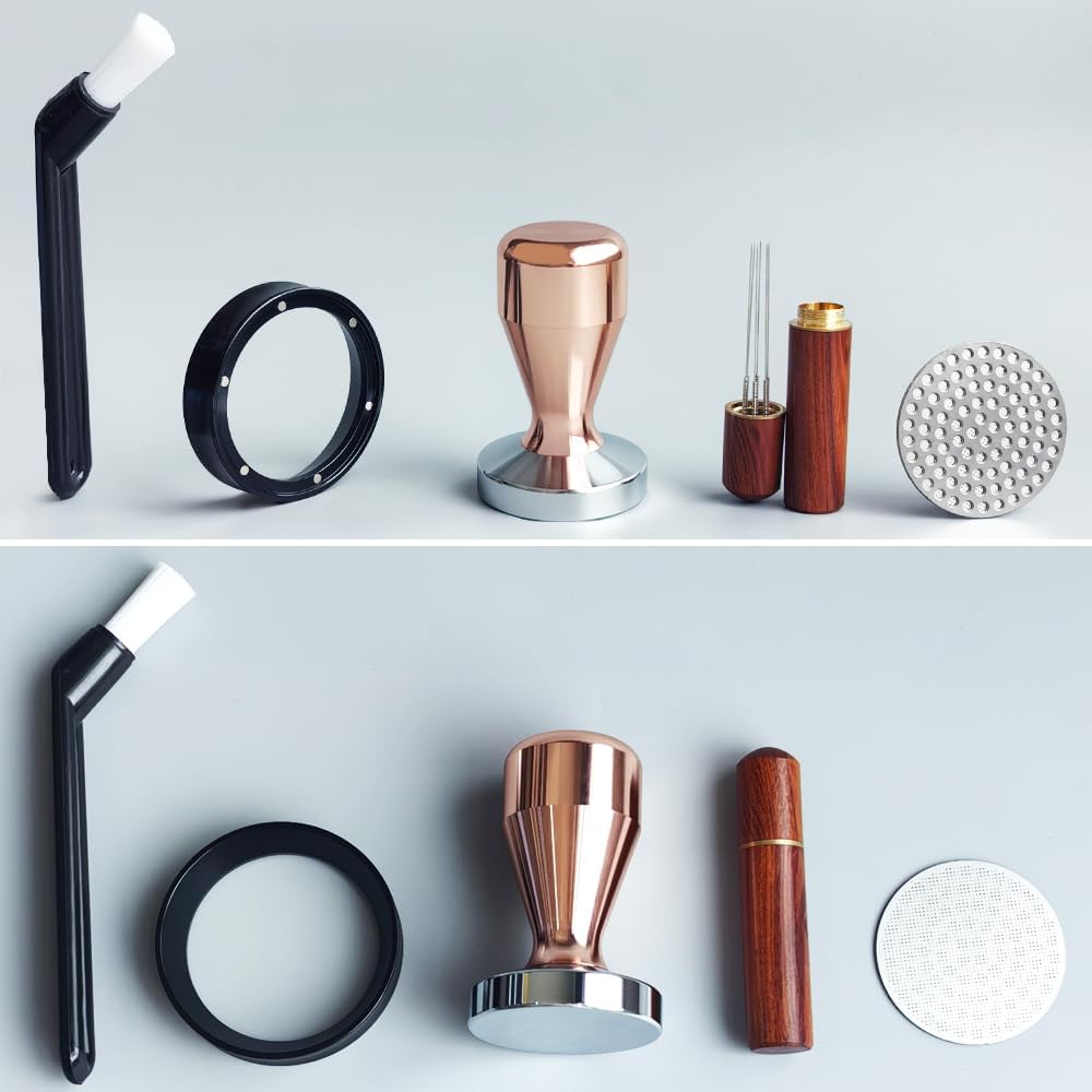 51mm Espresso Tamper Set, 5PCS Coffee Tamper Kit with WDT Tool, Coffee Stirrer, Dosing Funnel, Puck Screen 51mm Espresso Accessories Tampers Kit (Rose Gold)