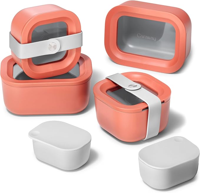Caraway Mini Food Storage 11pc Set - Glass Storage Containers for Food - Non-Toxic Ceramic-Coated Glass - Air Release Technology - Compact & Stackable Design - Perracotta