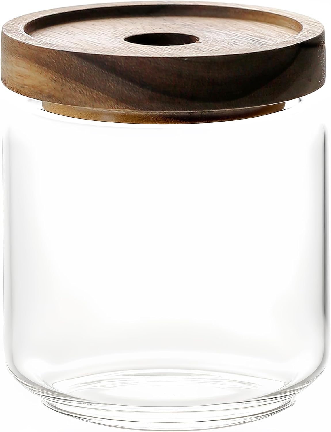 480ML/16Oz Clear Cute Glass Storage Canister Holder with Stackable Airtight Wood Lid, Modern Decorative Small Container Jar for Coffee, Spice, Candy, Salt, Cookie, Condiment, Pepper, Sugar