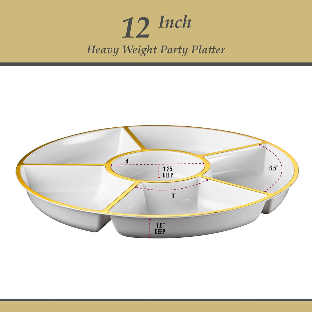 Plasticpro 6 Sectional Round Plastic Serving Tray/Platter (4, White & Gold)