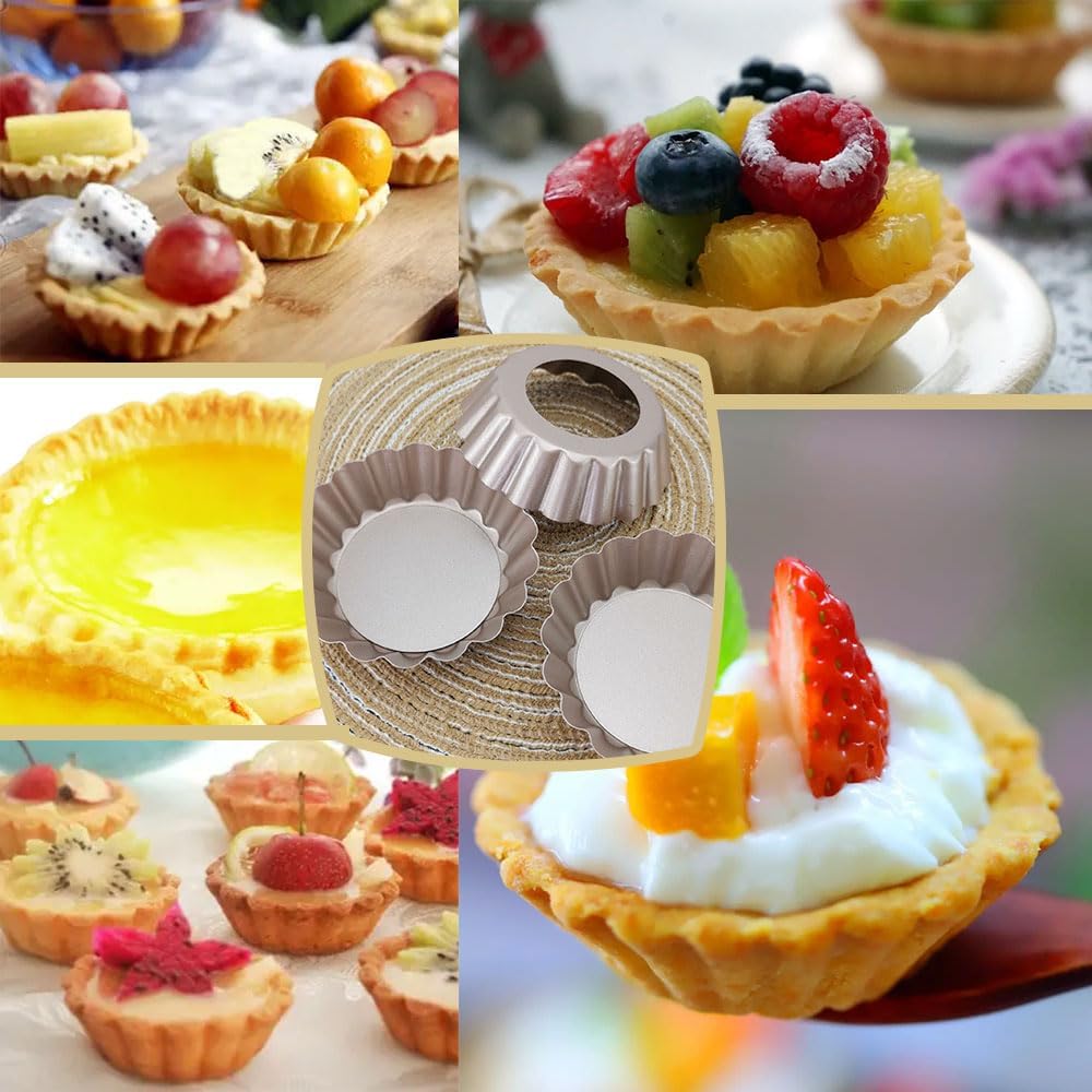DATANYA Mini Tart Pans Removable Bottom 3 Inch, Carbon Steel Nonstick Quiche Pan Pie Tart Tin Mold, 0.8inches High for Baking Tartlets, Pies, Cakes, Cupcakes - Premium Champagne Gold 12PCS
