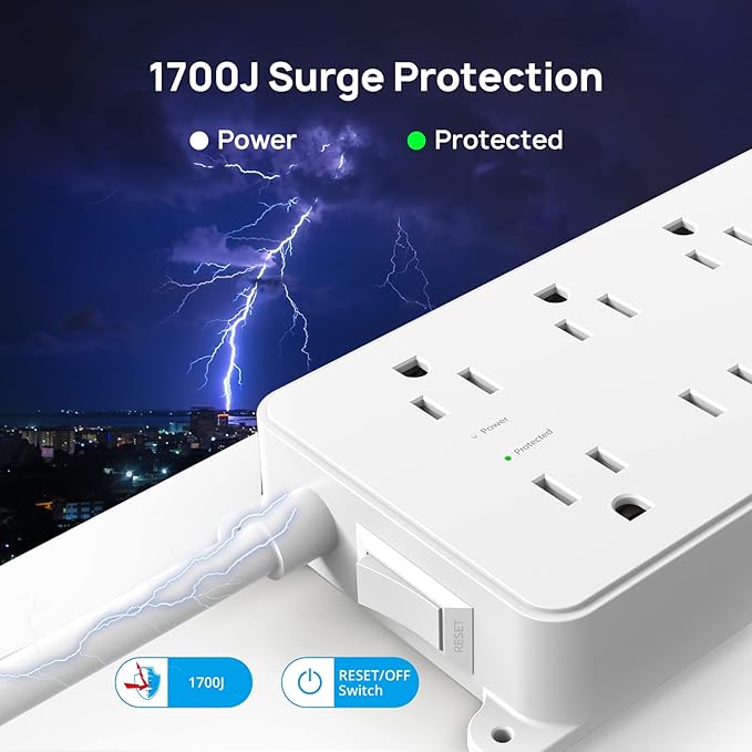 TROND Power Strip Surge Protector, 7 Widely Spaced Outlets with 2 USB A and 1 USB C, ETL Listed 1700J, Wall Mount, Flat Plug 5ft Extension Cord 14AWG Heavy Duty, for Home, Office Garage, White