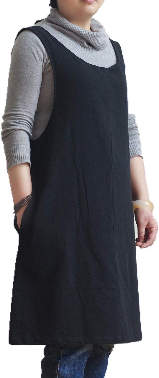 Cotton Linen Japanese Apron Halter Cross Back Bandage X Shape Aprons Two Pockets