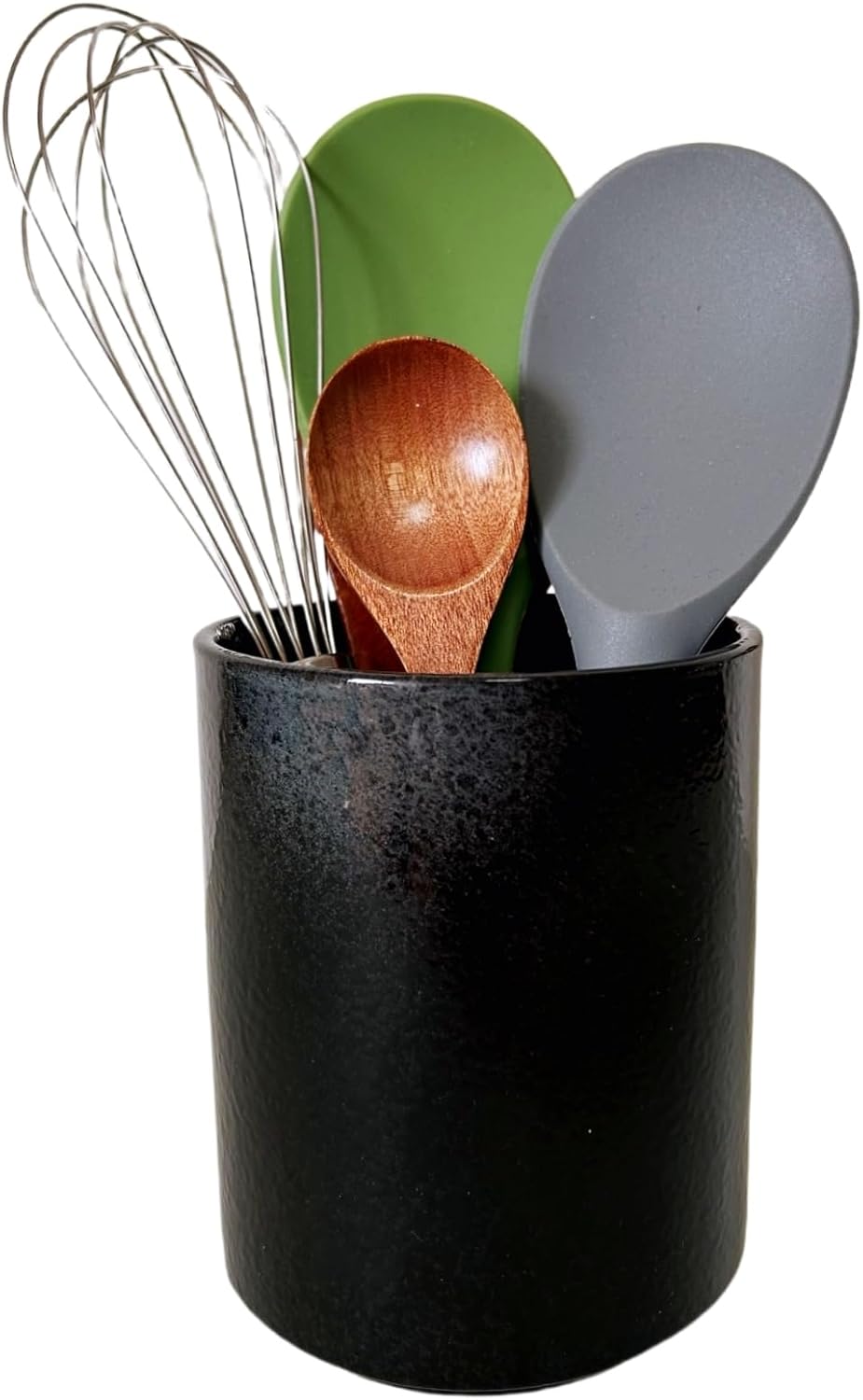 Medium Stoneware Kitchen Utensil Holder for Kitchen Counter Short Cooking Utensil Holder for Countertop Spatula Holder Small Utensil Crock Cutlery Holder Silverware Caddy Flower Vase (Retro Black)