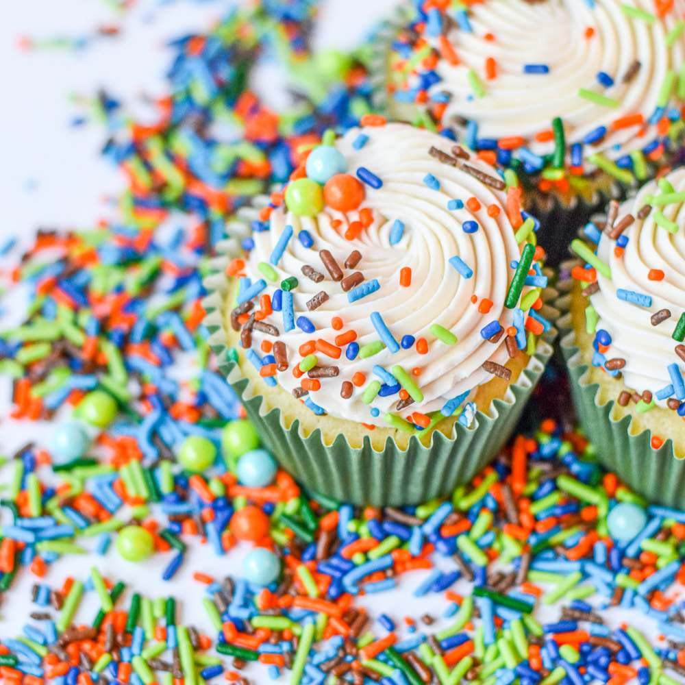 Dinosaur Sprinkles for Cupcakes Cake Decorating, Cookies and Baking - Fancy Edible Dino Sprinkles Cake Toppings in Brown Jimmies, Blue Nonpareils, Orange and Green Sugar Crystal and Pearl Sprinkles
