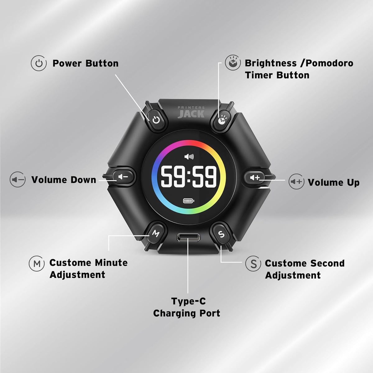 Jack Pomodoro Timer - Productivity Cube, Visual Focus Timer, Mute & Vibration & Adjustable Sound Alert, for Office, ADHD, Study, Work, 3/5/10/25/30/60min & Custom Countdown - Black
