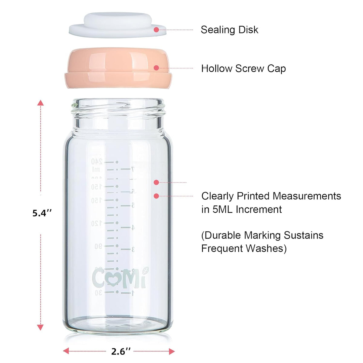 COMI Wide Neck Glass Breastmilk Collection n Storage Bottle, 8oz with Screw Ring Sealing Disk; Re-markable Sealing Disc. BPA Free, Fits Breast Pumps & Nipples (2 Pink Lids)