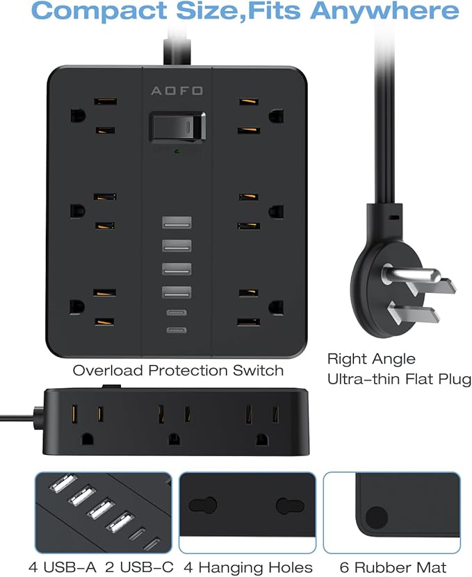 10FT Surge Protector Power Strip,12 AC Outlets with 6 USB Ports (2 USB-C), Flat Plug Extension Cord with Multiple Outlets, Wall Mount for Home Office,Dorm,Black