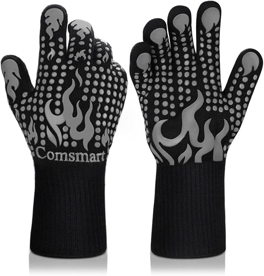 Comsmart BBQ Gloves, 1472 Degree F Heat Resistant Grilling Gloves Silicone Non-Slip Oven Gloves Long Kitchen Gloves for Barbecue, Cooking, Baking, Cutting(Gray)
