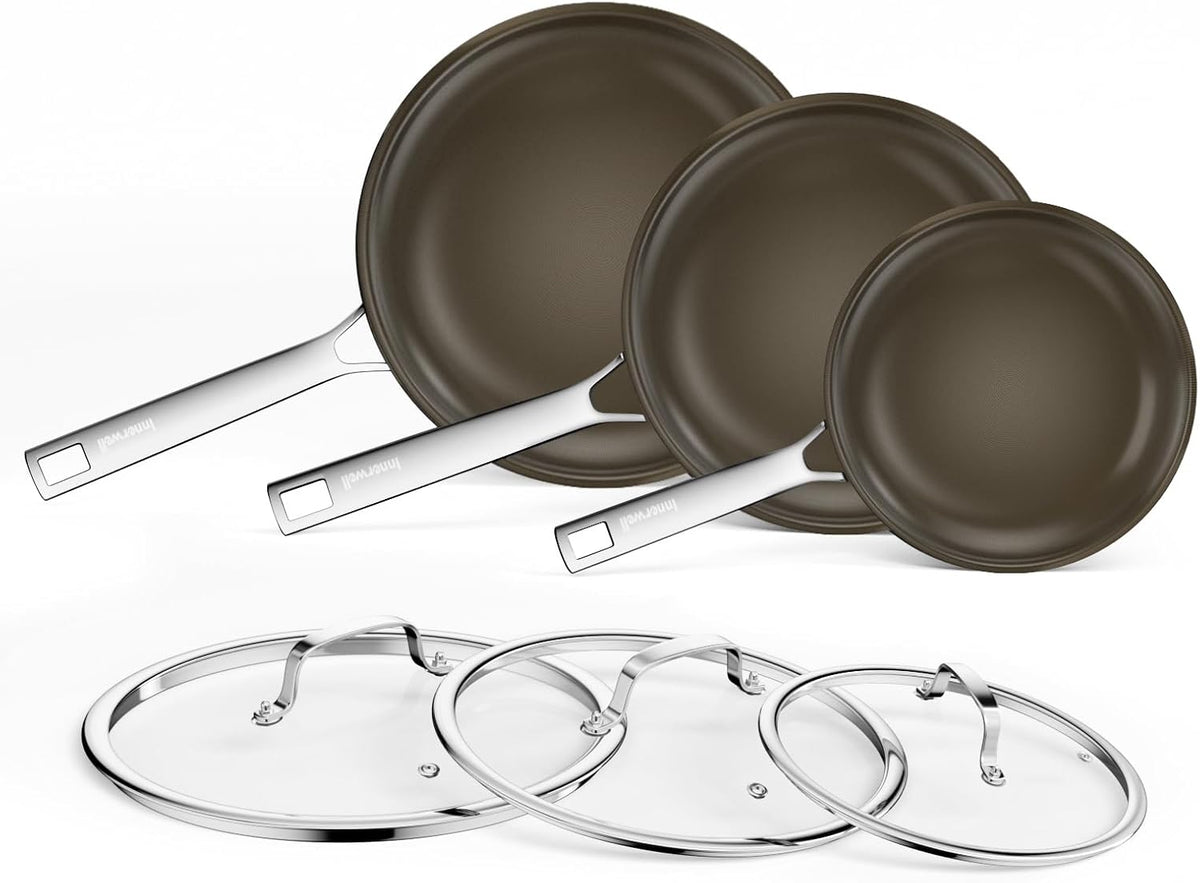 Stainless Steel Frying Pan Set with Lids,8inch 9.5inch 11inch Nonstick Ceramic Frying Pan Set of 3, Non Toxic Healthy Ceramics Omelet Pans,Chef's Pans,Skillets Kitchen Cooking Pan PFOA Free