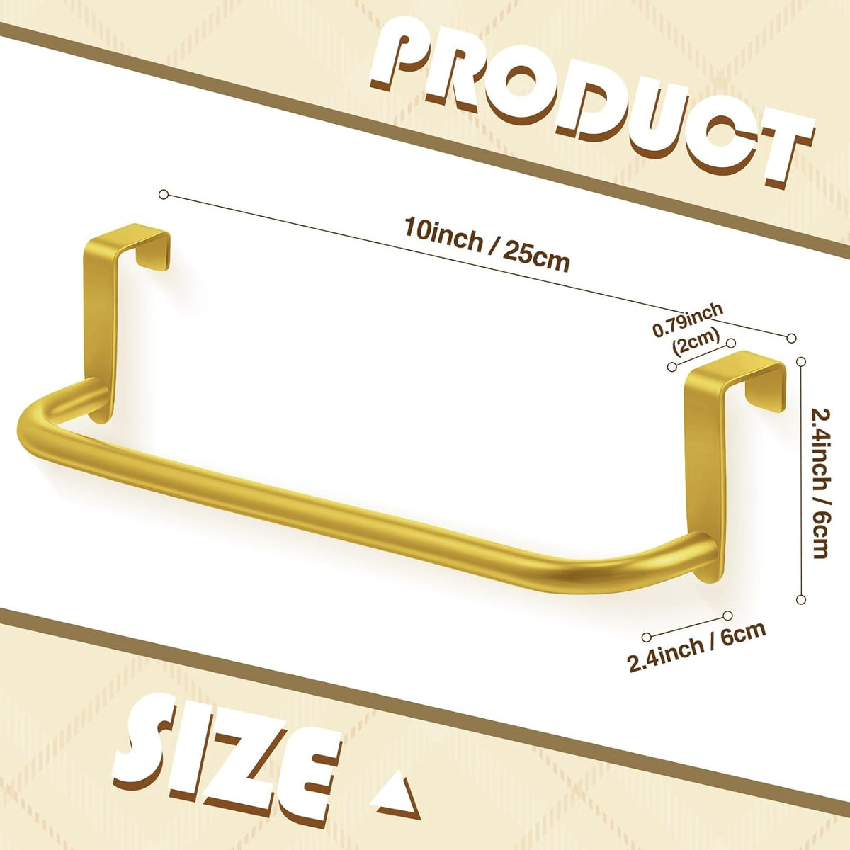 2 Pieces Metal Towel Bar Kitchen Cabinet Steel Towel Rack Bar for Hanging on Inside or Outside of Doors, Home Kitchen Bathroom(Gold)