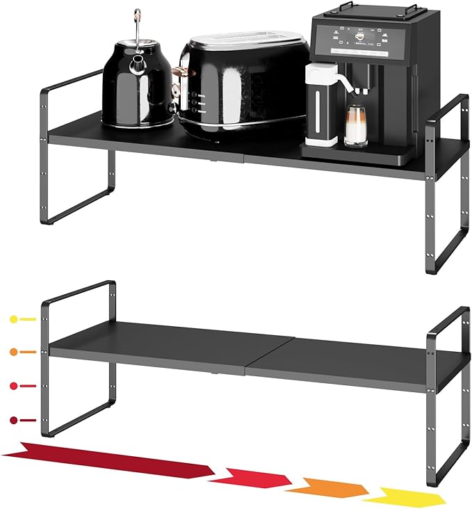 16.5~27.1" Expandable Shelf Organizer, 2Pack 10.2" Wide Stackable Cabinet Shelf Organizers, Black Metal Sturdy Kitchen Counter Storage for Countertop, Adjustable Height Spice Rack