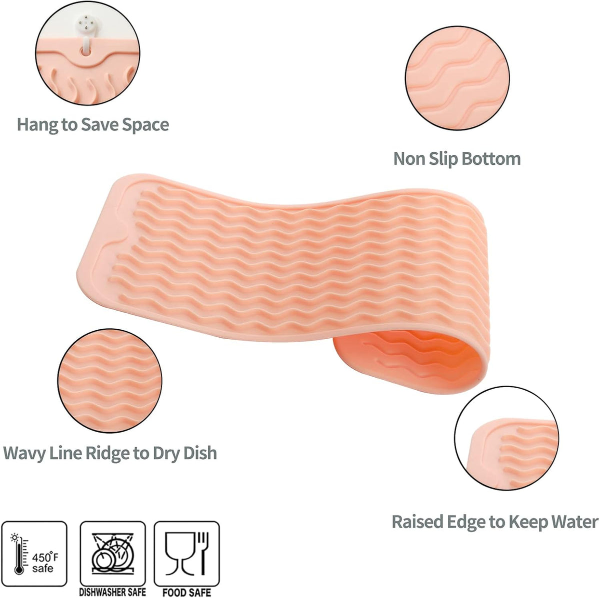 Silicone Dish Drying Mat for Multiple Usage,Easy clean,Eco-friendly,Heat-resistant Silicone Mat for Kitchen Counter,Sink,Bar,Bottle,or Cup Pink M 17 inches x 6 inches