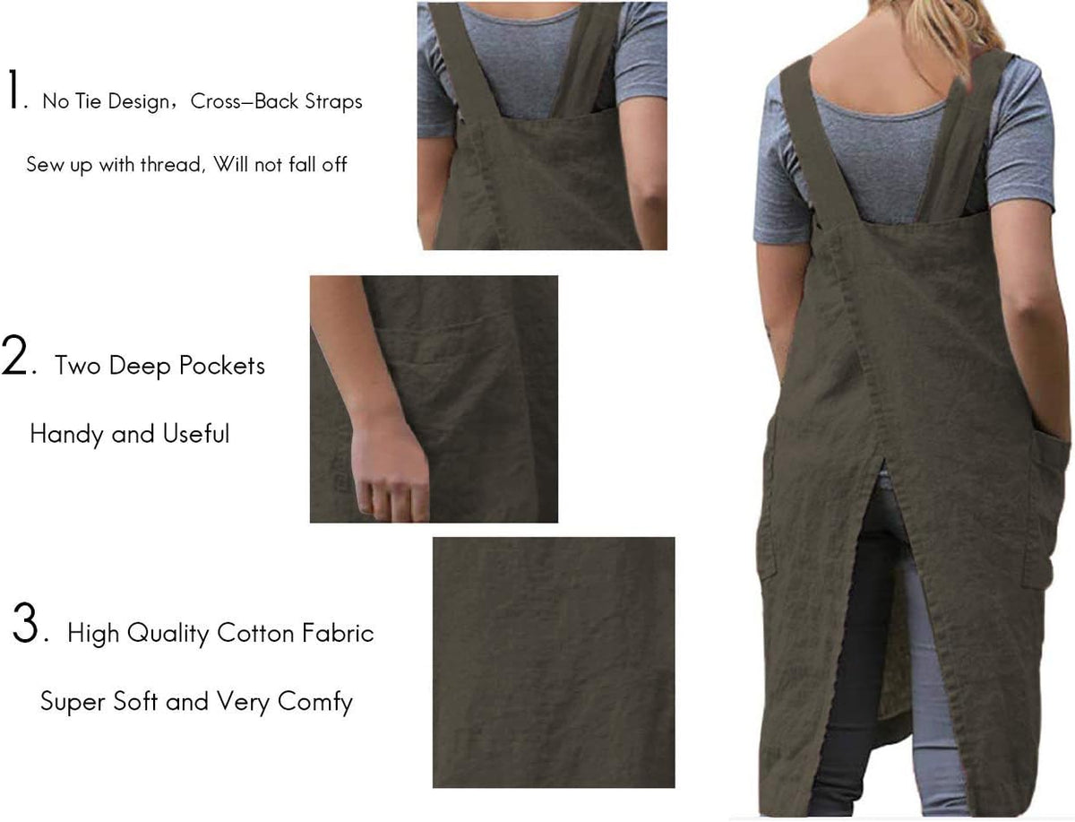 Women's Pinafore Square Apron Baking Cooking Gardening Works Cross Back Cotton/Linen Blend Dress with 2 Pockets