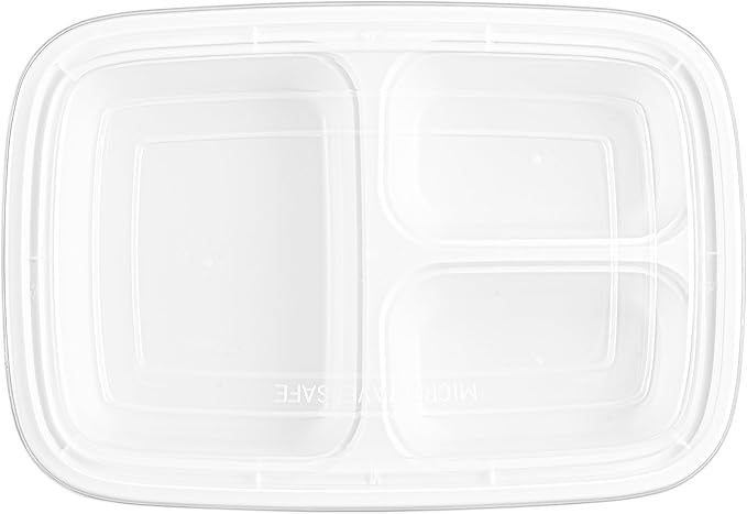 Restaurantware Asporto 26 Ounce Compartment Take Out Boxes, 50 Microwavable Meal Prep Containers - 3 Compartments, With Clear Plastic Lids, White Plastic Food Containers, Do Not Contain BPA