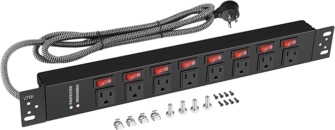 Rack Mount Power Strips,8 Outlet Strips Surge Protector with Individual Switches, PDU Power Strip for Server Racks, 14AWG Heavy-Duty Braided Extension Cord,2700J,15A 125V 1875W (6 FT Cable)