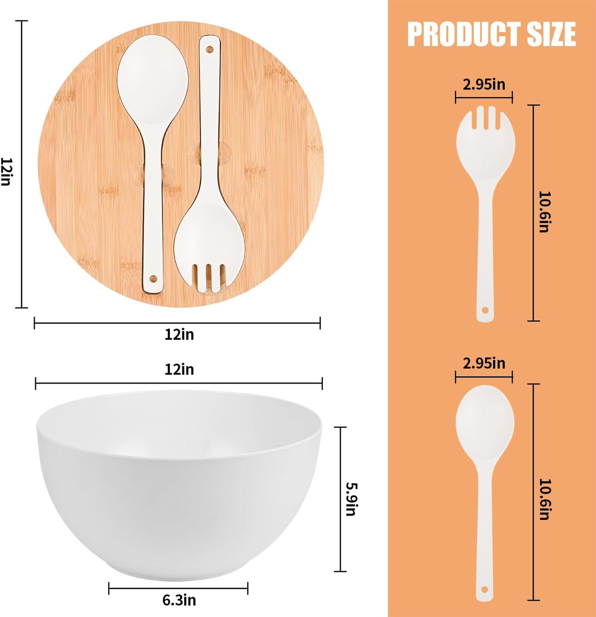 Salad Bowl with Lid, 12" Extra Large Bamboo Fiber Salad Bowl with Servers Set for Kitchen, Nature Bamboo Mixing and Serving Bowl with Lid, Spoon and Fork for Fruits,Salads and Vegetables