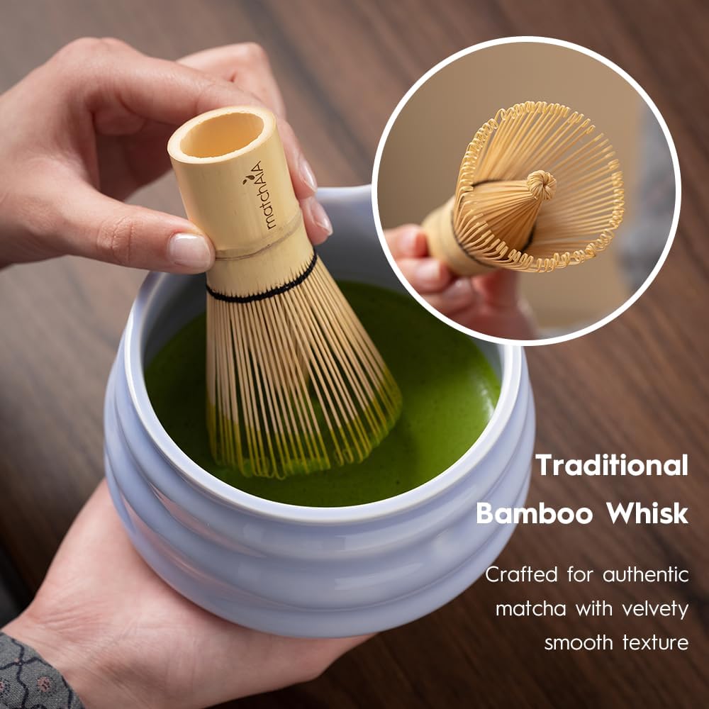 Matcha Whisk Set 8 Pcs - Ceramic Bowl, Bamboo Whisk with Holder, Canister, Sifter, Schima Spoon, Spoon Rest and Tea Towel, Complete Kit for Traditional Matcha and Modern Lattes (Purple)