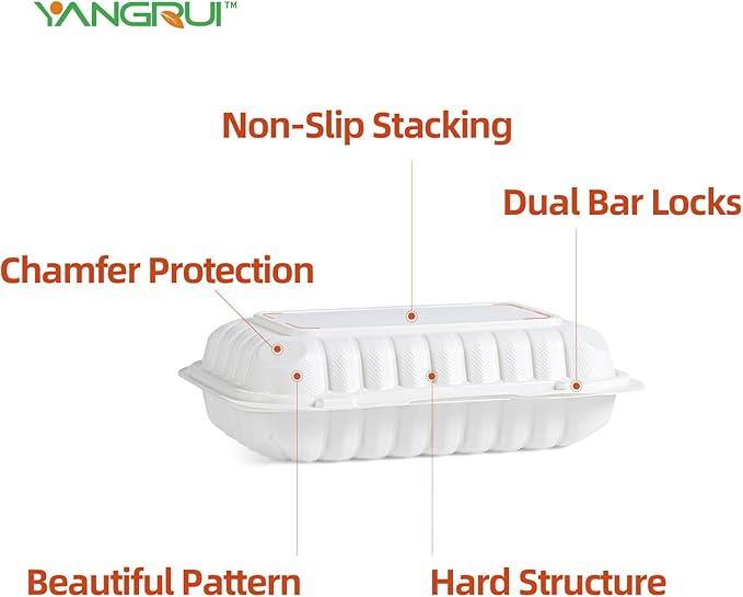 YANGRUI To Go Containers, Reusable 150 Pack 9 x 6 Inch 28 OZ Plastic Hinged Food Boxes Microwave Freezer Safe BPA Free MFPP Clamshell Take Out Container