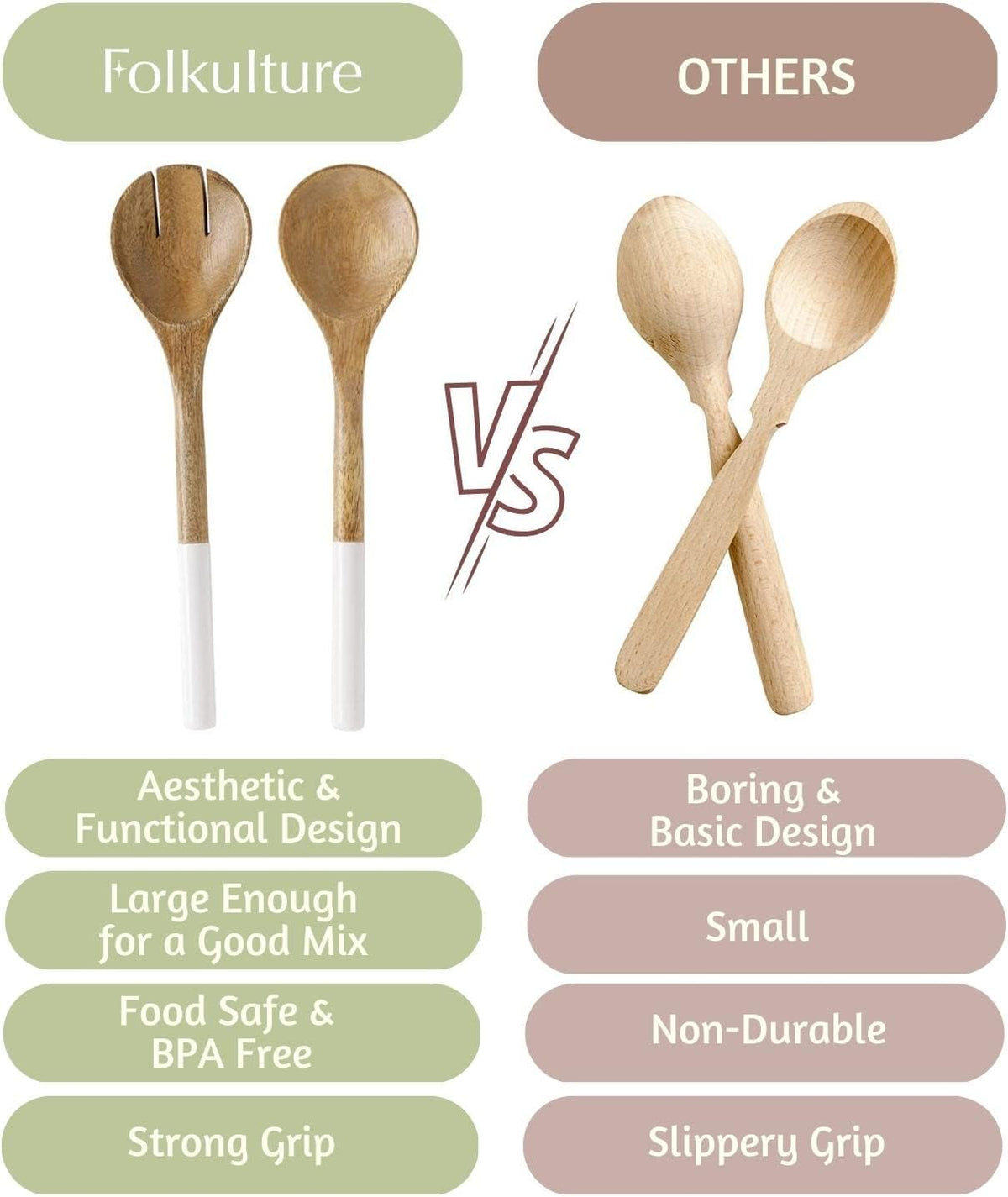 Folkulture Salad Servers or Salad Tongs, Wooden Utensils for Serving Salad, 12-inch Spoon and Fork Set, Mango Wood, White