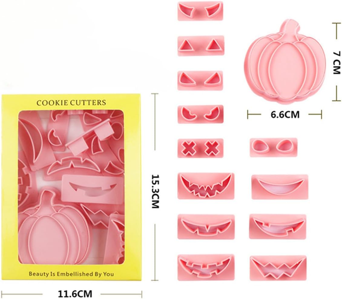 13Pcs Halloween Cookie Cutter Set Pumpkin Face Halloween Cookie Mold Biscuit Mold 3D Hollow Out Pumpkin Cake Baking Fondant Embosser Stamps Halloween Party DIY Cake Decorating Tools (A)