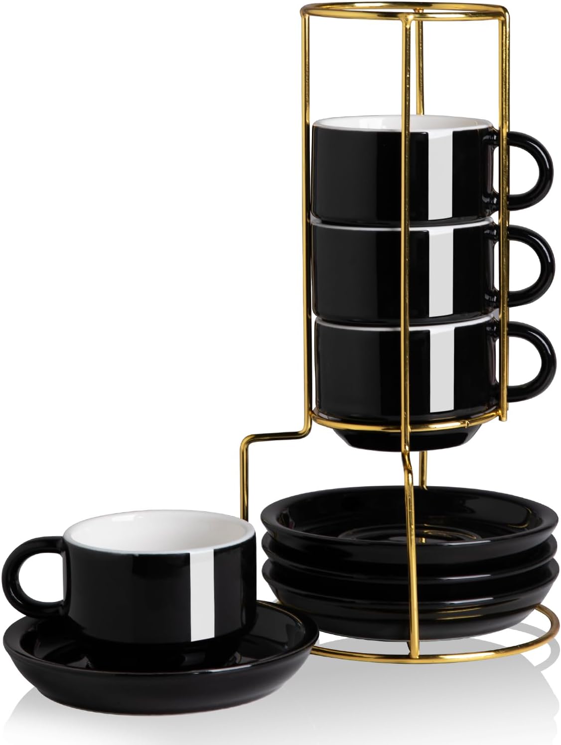 Sweejar Porcelain Espresso Cups with Saucers, 4 Ounce Stackable Cappuccino Cups with Metal Stand for Coffee Drinks, Latte, Tea - Set of 4 (Black Gold Stand)