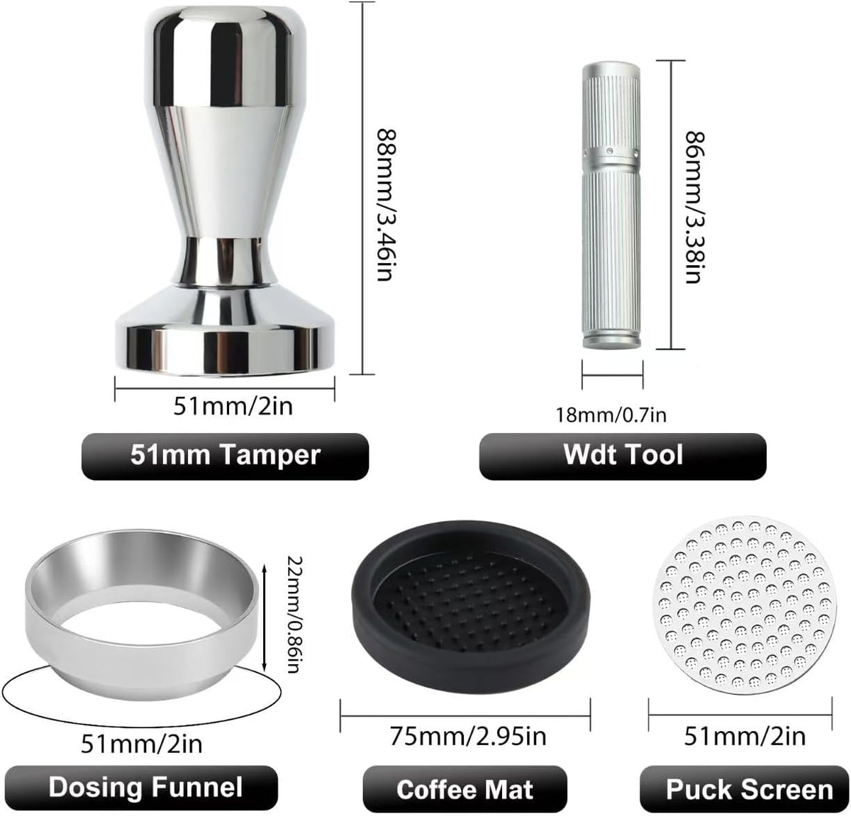 51mm Espresso Accessories Kit,Wdt Tool Espresso,Solid Espresso Tamper,Dosing Funnel and Coffee Puck Screen,Silicone Tamper Mat,0.4mm Stainless Steel 6pin Espresso Stirrer,Barista Tools Espresso Kit