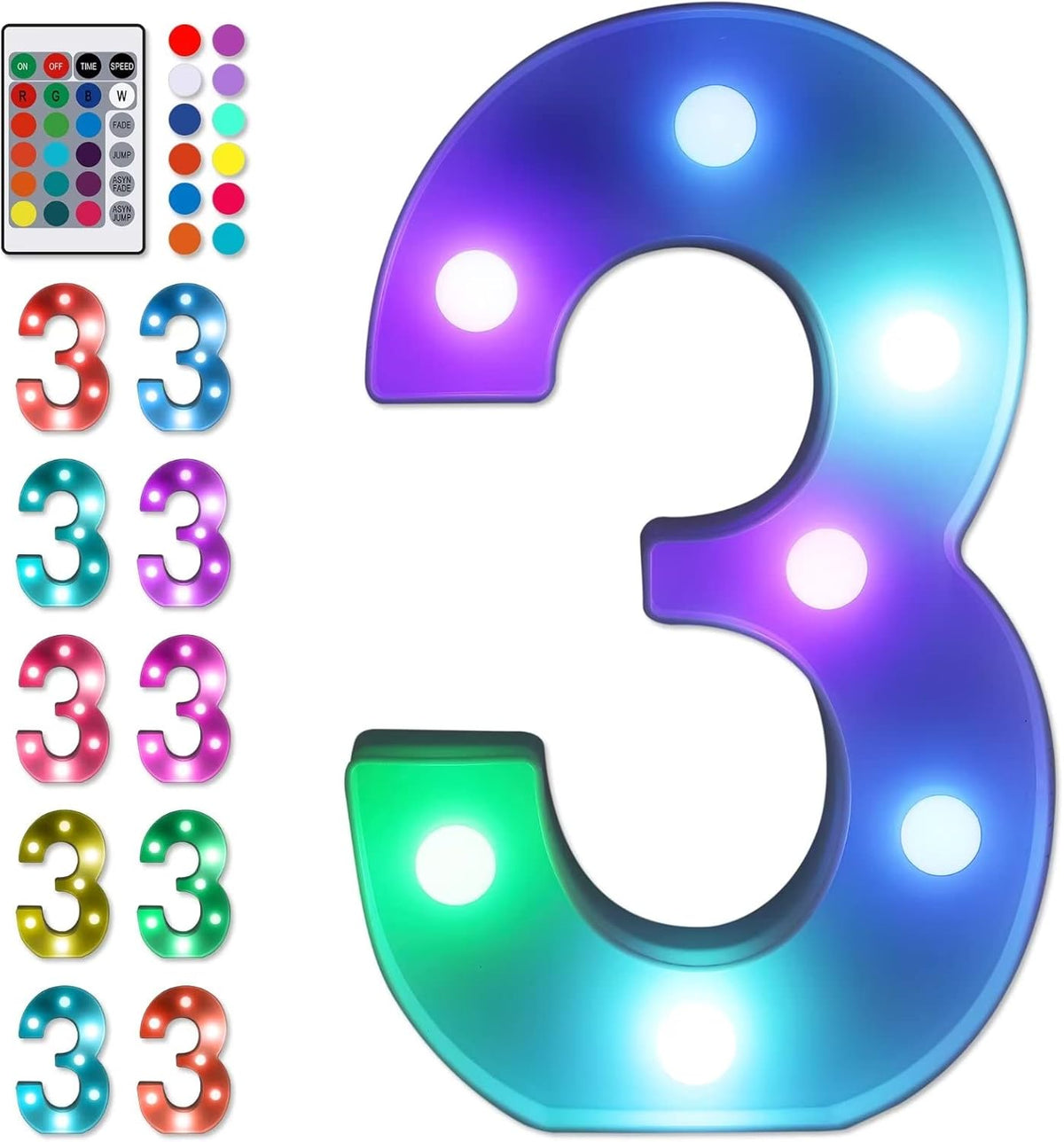Foaky Colorful LED Number Lights with Remote,MarqueeLight Up Number Sign for Night Light Wedding/Birthday Party Battery Powered Christmas Lamp Home Bar Decoration (3)