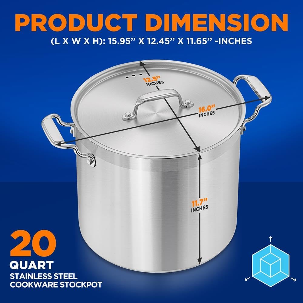 Stainless Steel Cookware Stockpot - 20 Quart, Heavy Duty Induction Pot, Soup Pot With Stainless Steel, Lid, Induction, Ceramic, Glass and Halogen Cooktops Compatible - NCSPT20Q