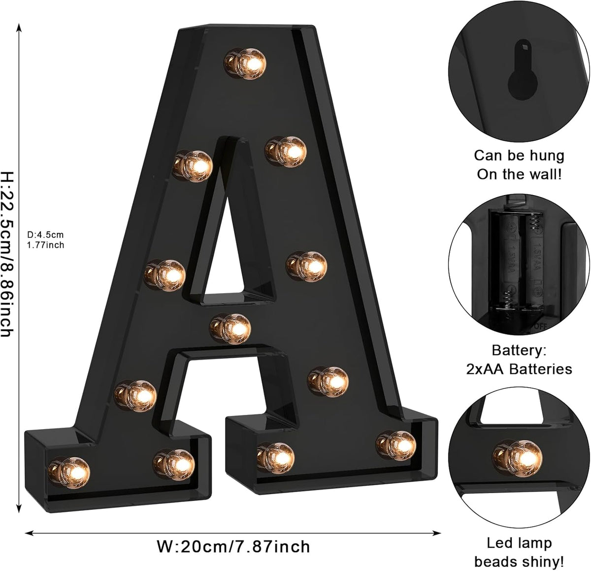 Foaky Black LED Letter Lights for Room Decor - Bedroom Wall Decor, Alphabet Lights for Home, Wedding, Party - Battery Operated （A）