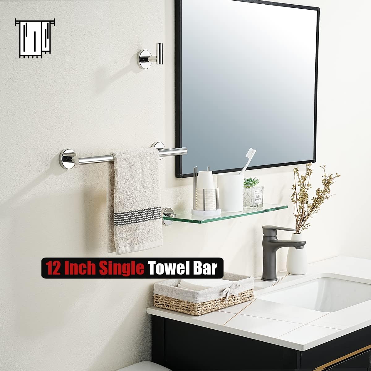 JQK Chrome Towel Bar, 15 Inch 304 Stainless Steel Thicken 0.8mm Towel Rack Bathroom, Towel Holder Polished Finished Wall Mount, Useable Length 12 Inch, TB110L12-CH