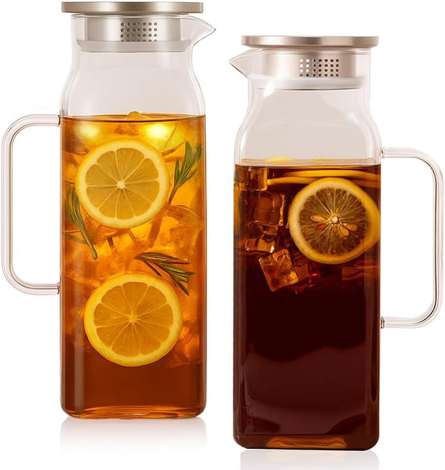 2 Pack Square Glass Water Pitcher with Lid and Spout, 2L/68oz Heat Resistant Borosilicate Glass Carafe, Temperature Safe