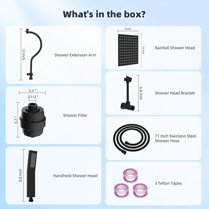 Hibbent All Metal 10'' Filtered Rainfall Shower Head Combo, High Pressure Handheld Shower Wand, 12'' Adjustable Extension Arm, 20 Stage Shower Filter, 71'' Hose, Shower Head Holders, Matte Black