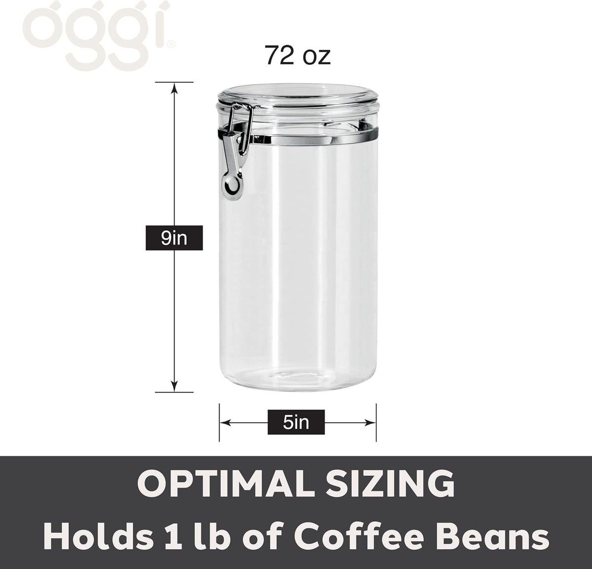 Oggi Large Clear Canister with Clamp Lid, 72 oz - Large Airtight Food Storage Container, for Kitchen & Pantry Storage of Bulk, Dry Foods, Pasta, Flour, Sugar, Coffee, Rice, Tea, Spices & Herbs