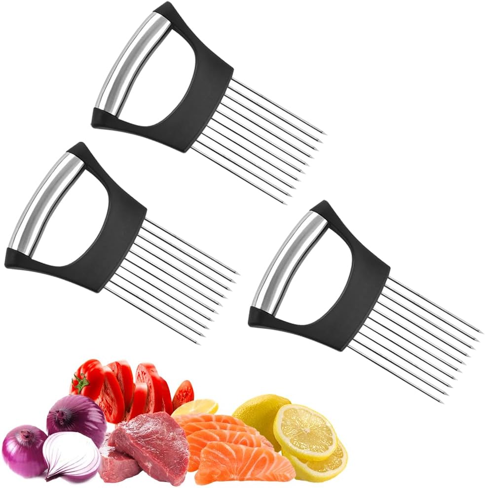 Stainless Steel Onion Slice Holder, 2025 New Tomato Cutter, Multi-Purpose Vegetable Slicer for Kitchen, Durable Food Chopper Kitchen Chopper Slicing Assistant Tool (A-3Pcs)