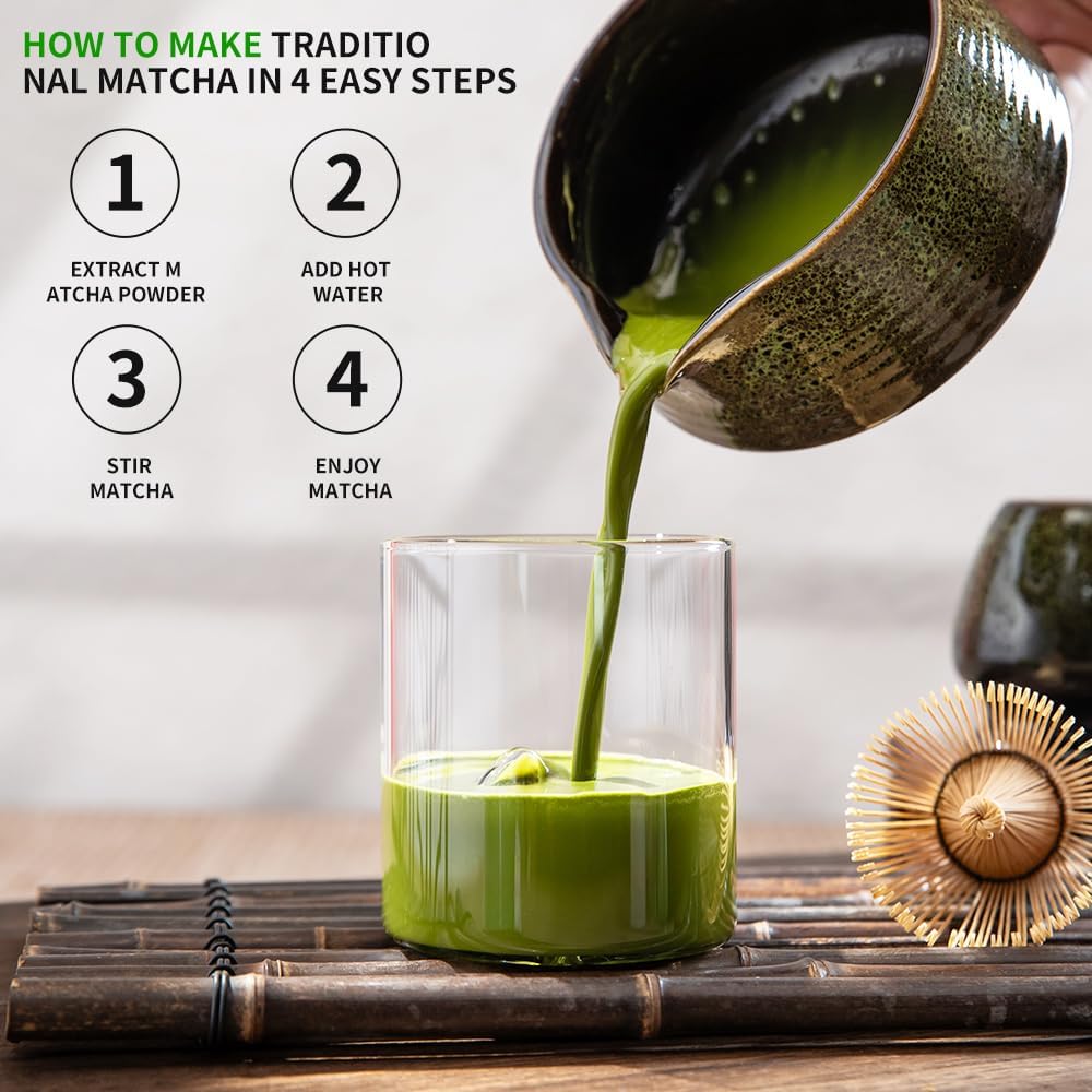 Traditional Matcha Tea Ceremony Tools, 4 Pcs Bamboo Matcha Whisk Set and Matcha Bowl with Spout and Whisk for Ceremony, Gift-Ready Presentation