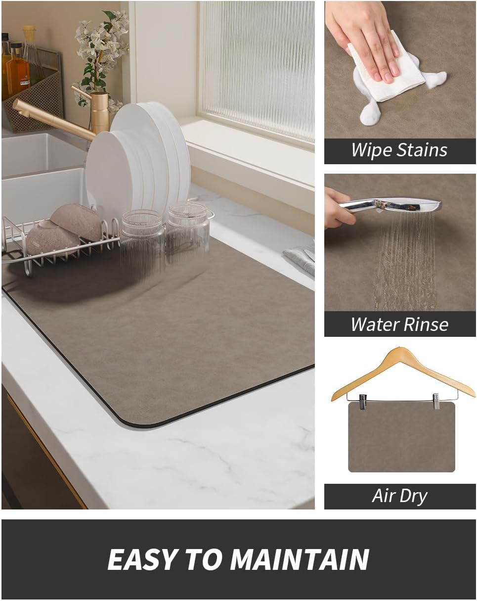 AMOAMI Coffee Mat - Hide Stain Rubber Backed Absorbent Dish Drying Mat for Kitchen Counter - Brown, 12"x19"