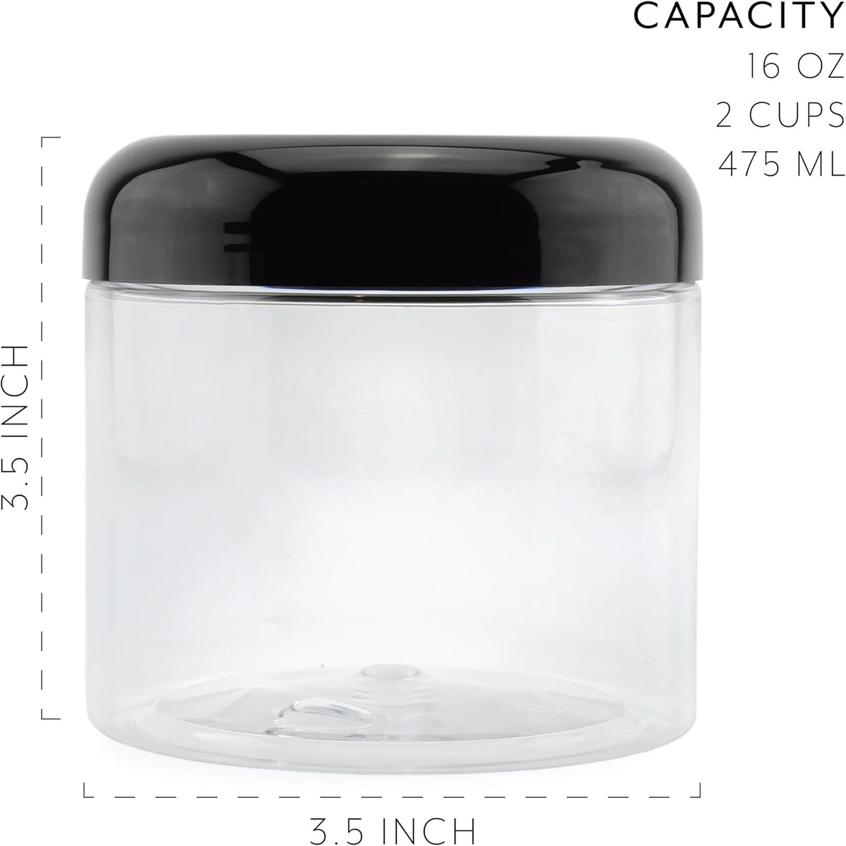 Cornucopia Brands 16oz Clear Plastic Jars w/Domed Lids (6-Pack); BPA Free PET Stackable Straight Sided Canisters for Bathroom & Kitchen Storage