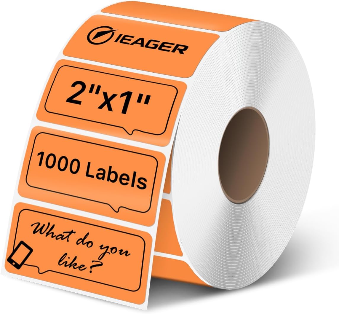 iEager 2x1 Inch Thermal Labels, Orange Rectangle Thermal Printer Stickers, Durable Shipping Label Printer Sticker for Barcode, Name, Address, 1000 Labels/Roll