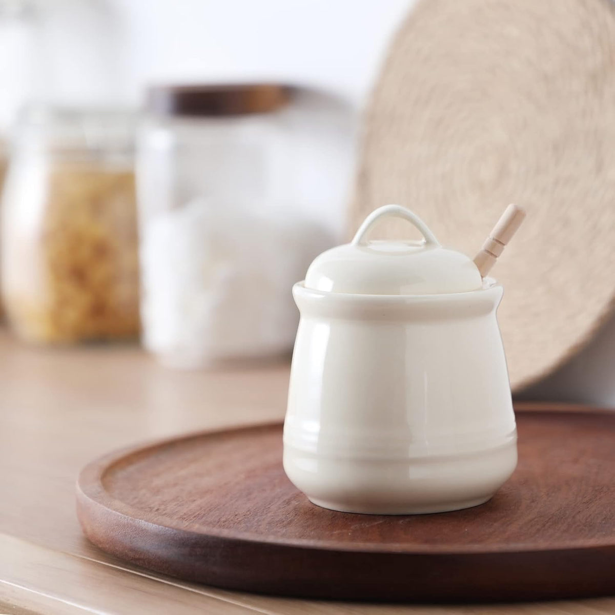 HAOTOP Ceramic Honey pot with Lid and Honey Dipper,Porcelain Honey Jar Easy to Clean and Dishwasher Safe,12oz (Beige)