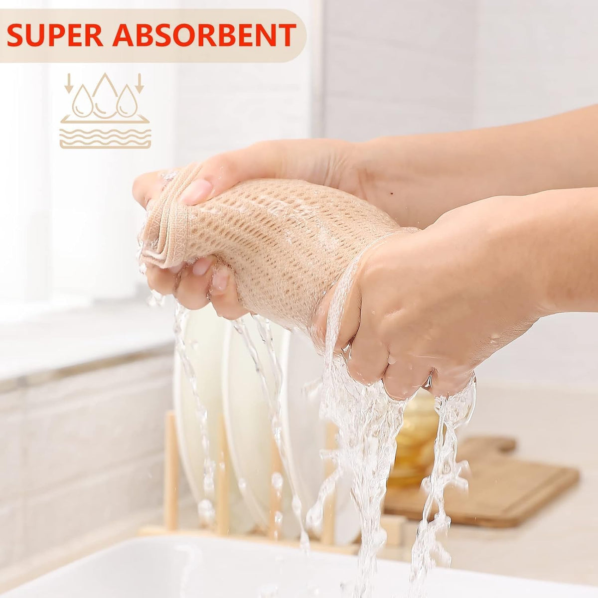 Kitinjoy 100% Cotton Waffle Weave Kitchen Towels, 4-Pack Super Soft and Absorbent Dish Towels for Drying Dishes, Kitchen Hand Towels, 20 in x 28 in, Beige