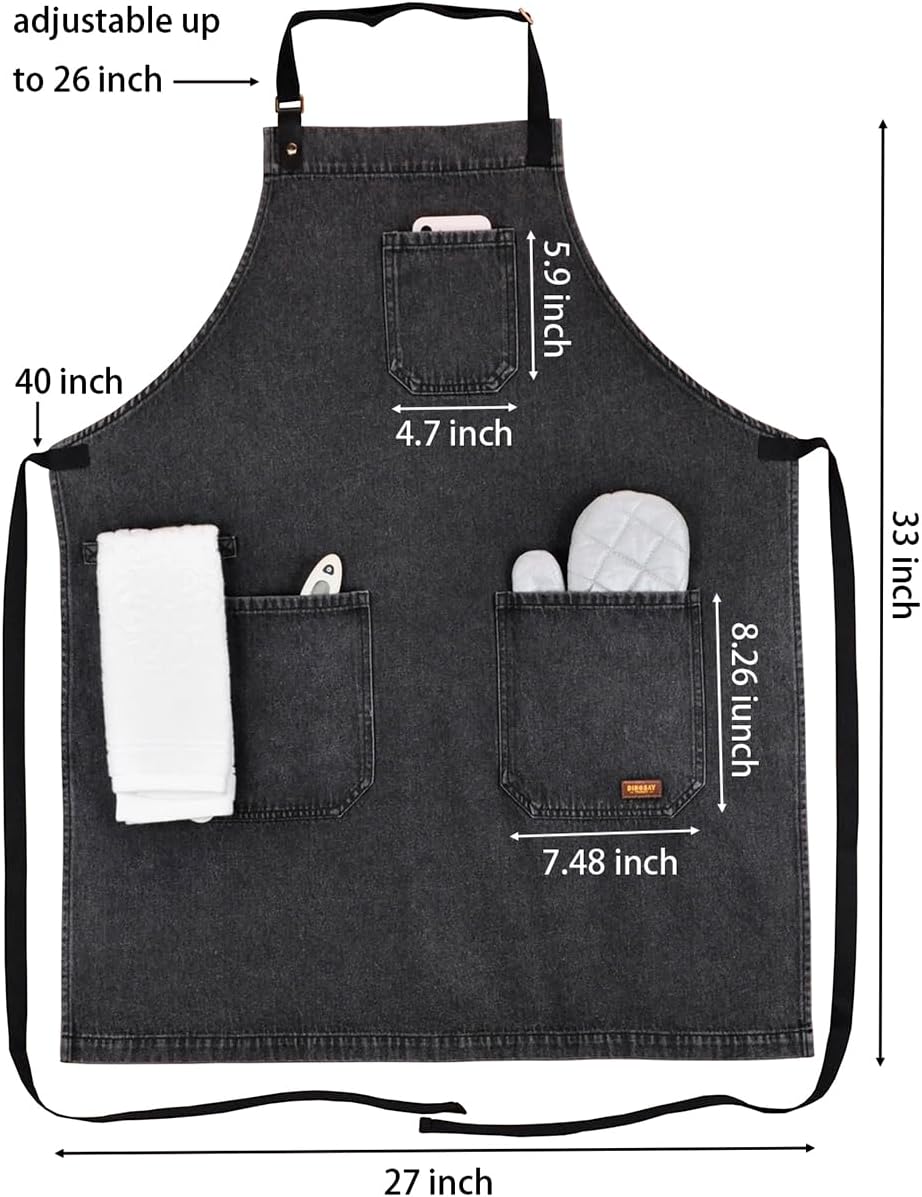 Cooking Apron with Pockets Mens Womens Professional Kitchen Bib Apron for Chef Grill BBQ (Black Denim -2)