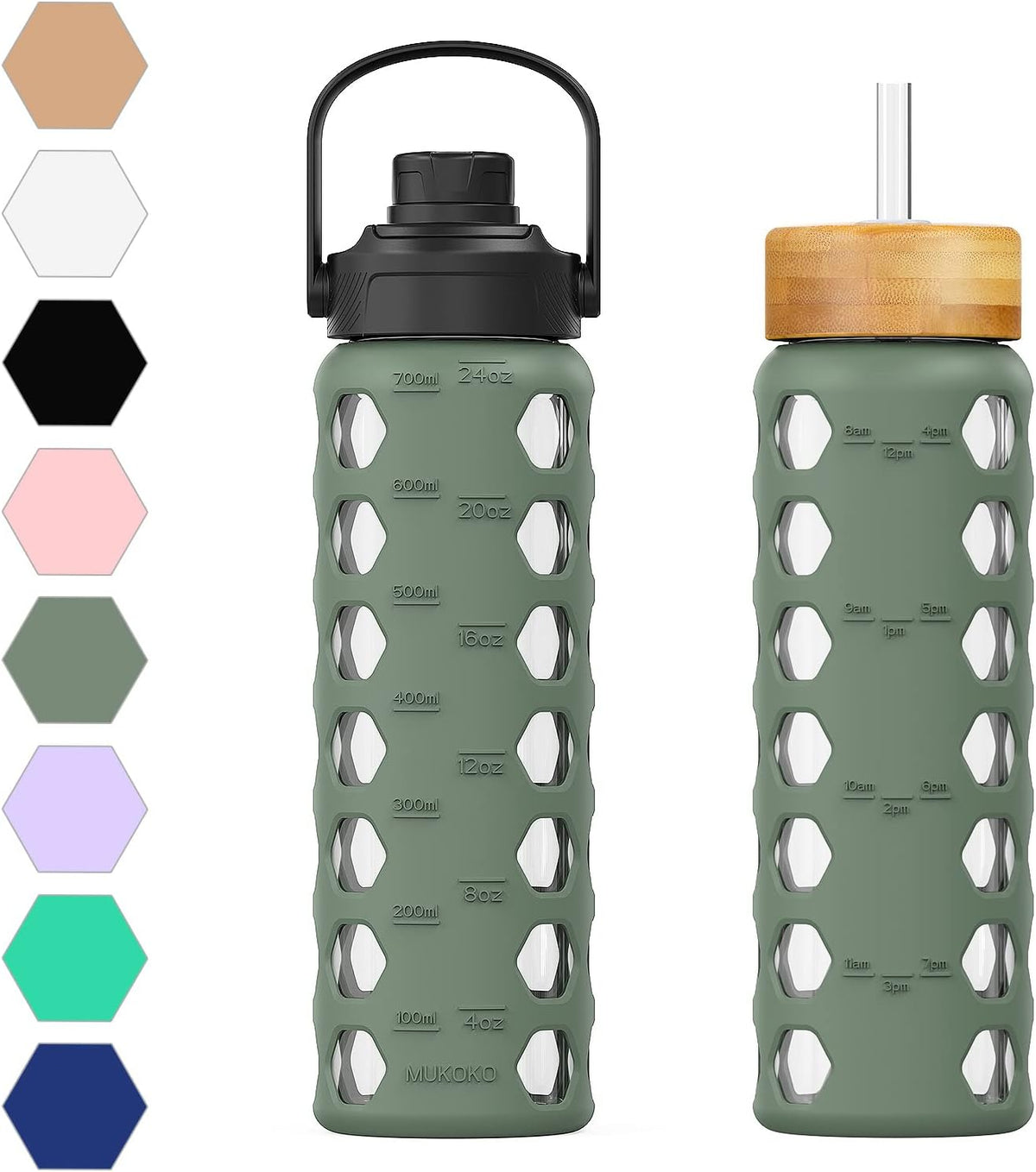 MUKOKO 24oz Glass Water Bottle with 2 Lids-Handle Flip Lid&Bamboo Straw Lid,Motivational Water Tumbler with Time Marker Reminder and Silicone Sleeve, Leakproof-Olive