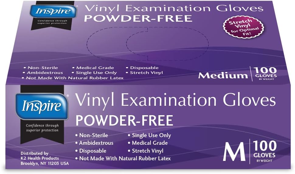 Inspire Exam Grade Powder & Latex Free Stretch Vinyl Gloves, Medium, 100 Count, White