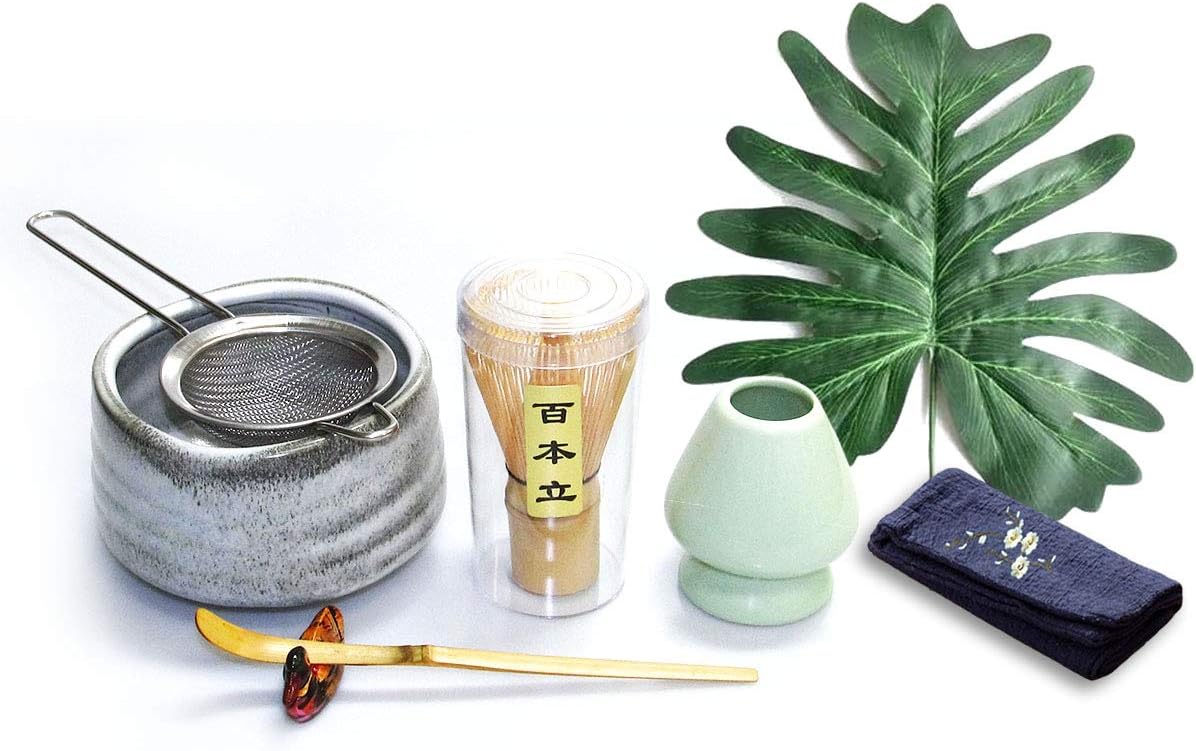 Artcome Japanese Matcha Tea Set, Matcha Whisk, Traditional Scoop, Matcha Bowl, Ceramic Whisk Holder, Handmade Ceremony Kit (7 Pcs)