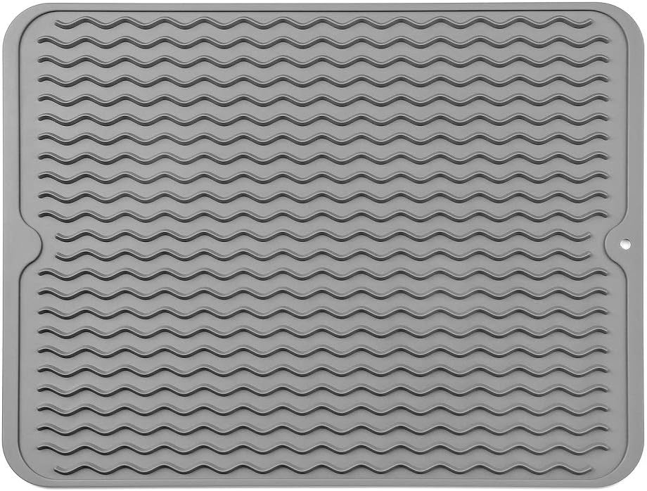 Silicone Dish Drying Mat for Multiple Usage,Easy clean,Eco-friendly,Heat-resistant Silicone Mat for Kitchen Counter or Sink,Refrigerator or drawer liner Grey L 16 inches x 12 inches