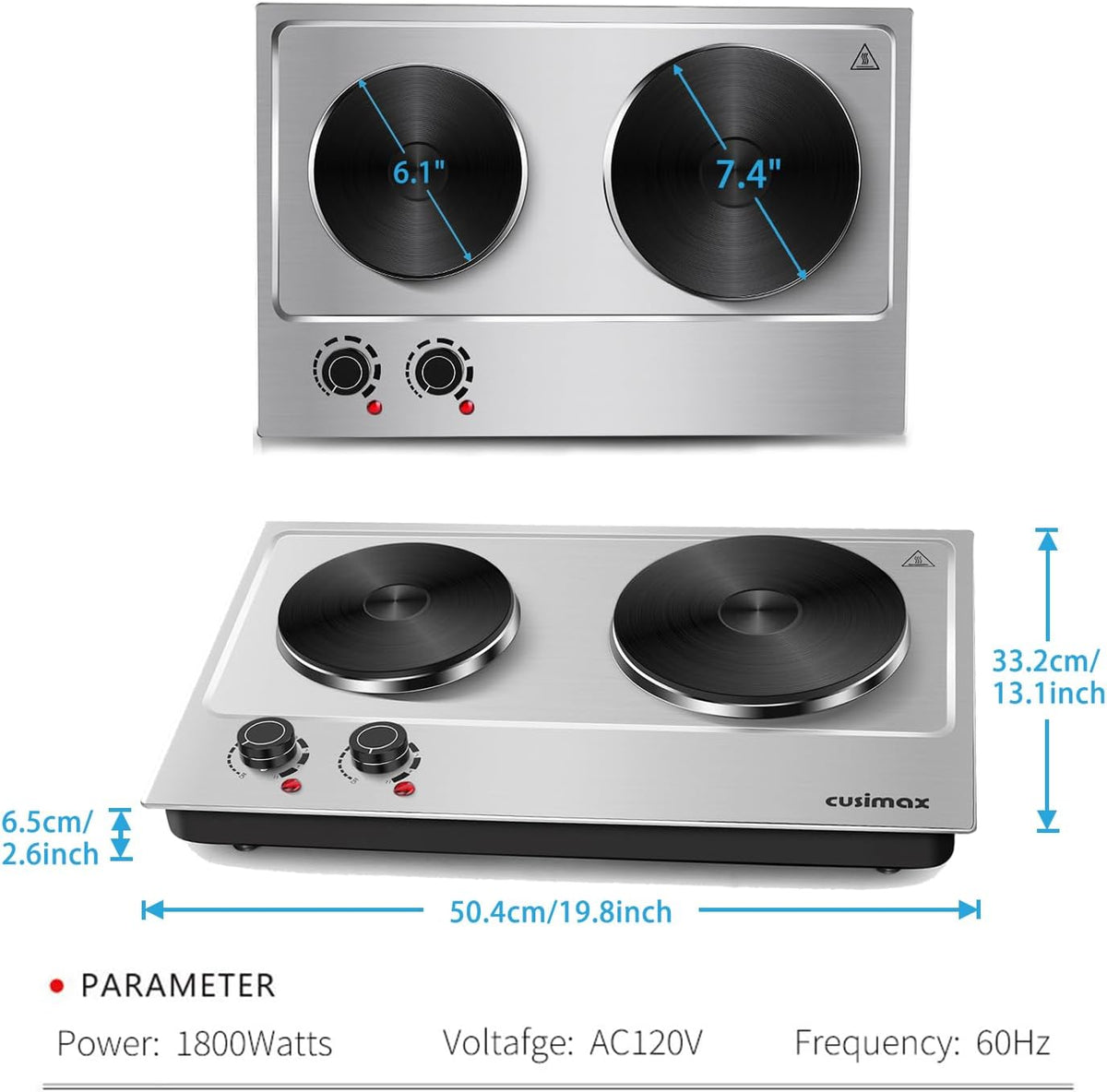 Hot Plate,Cusimax Double Burner 1800W Cast Iron Heating Plate,Electric Stove with Adjustable Temperature Control,Stainless Steel,Suitable for Various Scenarios Upgraded Version